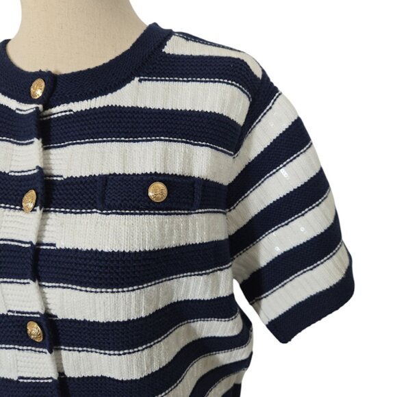 SAM EDELMAN Colleen Stripe Short Sleeve Cardigan knit blue Size Medium NWT - Picture 4 of 11